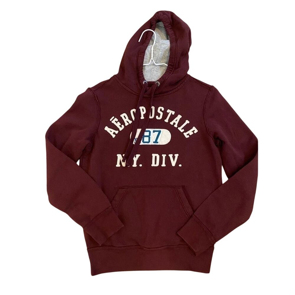 𝅺Aeropostale‎ Women's XS Y2K 2015 Burgundy Red No 87 NY Div Hoodie Sweatshirt